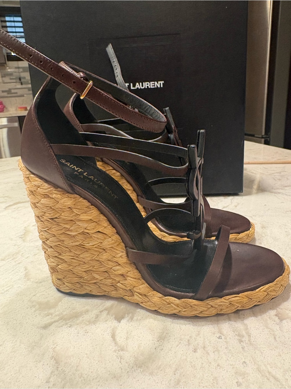 Saint Laurent Dark Brown Leather Espadrille Wedge Sandals